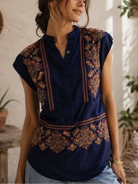 Anthropologie HD in Paris Embroidered Tunic Top S Navy Orange Boho Paisley